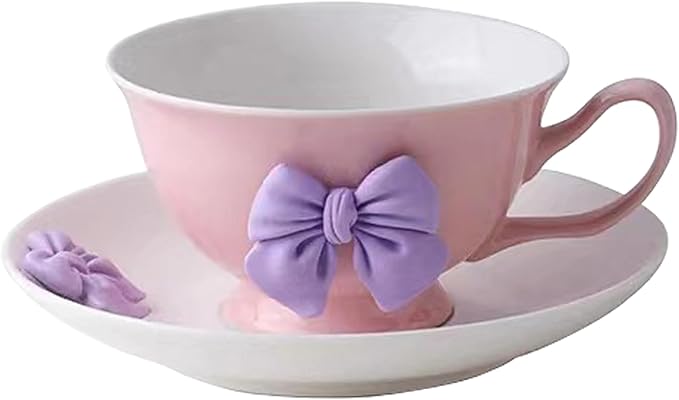 Bow Coffee Mugs Set with Saucer Coquette Mug 200 ML Violet Porcelain Coffee Tea Cup Bow Cute Mug for Women Girl