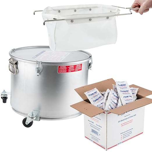 MirOil Filter Pot Combo - Oil Pot & Filter Bag (7 Gallon) – Heavy Duty Steel Disposable Caddy with Castor Wheel and Lid for Commercial Kitchen Storage - Grease Container for Kitchen – Model #60LC