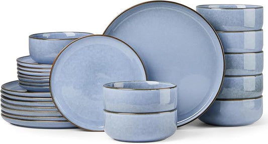 Herogo 24-Piece Stoneware Dinnerware Sets for 8, Stackable Dinner Plates and Bowls Sets, Double Reactive Glaze Dishware Place Setting for Kitchen, Scratch Resistant, Microwave Safe, Haze Blue
