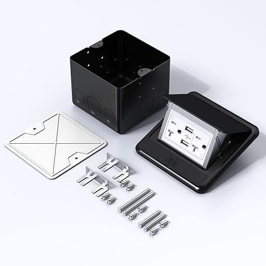 KYHSHJ 4.8A USB Chargers Pop Up Floor Waterproof Electrical Outlet Receptacle Stainless Steel Box,Black