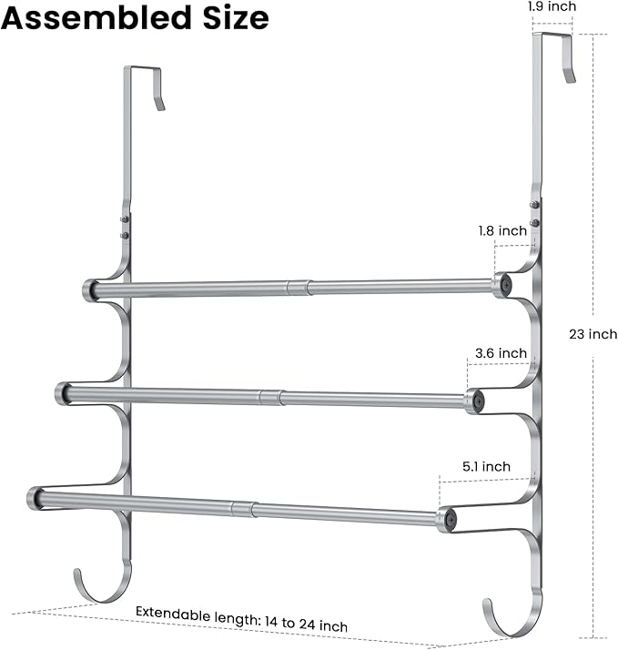 Over The Door Towel Rack, Over Door Towel Rack for Bathroom Door, Triple Towel Storage Holder with Hooks (Silver Gray, 17.32" L)