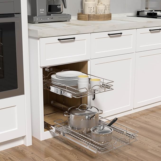 OCG 2 Tier Pull Out Cabinet Organizer (21.5" W x 21" D), Pull Out Drawers for Kitchen Cabinets, Pull Out Shelves for Base Cabinet Organization in Kitchen Bathroom Pantry, Chrome Finish