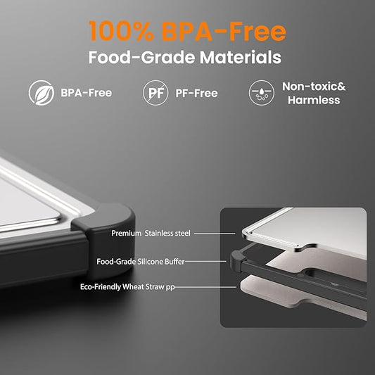 Premium 316 Stainless Steel Cutting Board for Kitchen Extra Large 16.9" x 11.8" Best Non-Toxic Chopping Board for Meat Food-Grade Metal & Eco-Friendly Wheat Straw Dual-Sided Healthy Kitchen Essential