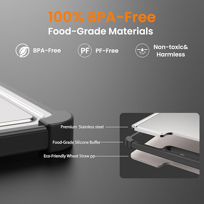 Premium 316 Stainless Steel Cutting Board for Kitchen– Double Sided,& BPA-Free Chopping Board with Food-Grade Steel &Eco-Friendly Wheat Straw PP,for Meat&Vegetables Healthy cutting boards non toxic