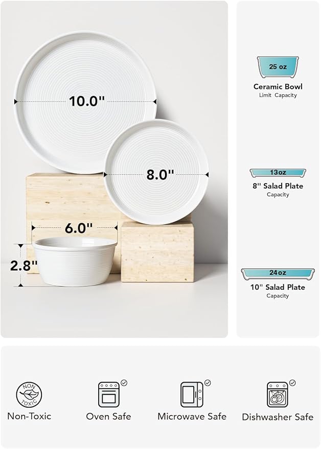 LE TAUCI Dishes Set for 4, Stoneware Plates and Bowls Set, Farmhouse Ceramic Dinnerware, Microwave & Dishwasher Safe, Stackable,12-Piece, White (10" Dinner+8" Salad Plates+6" Bowls)