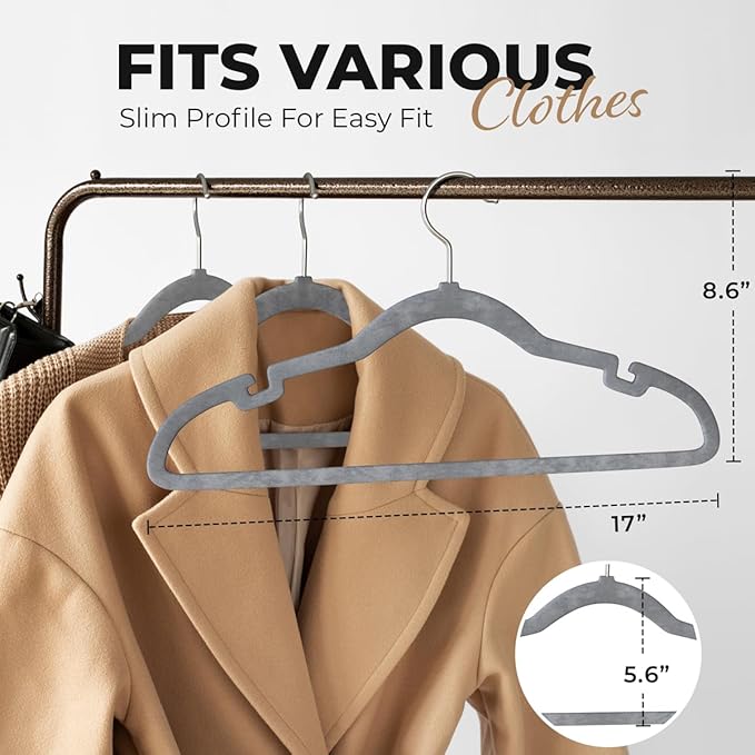 50 Pack Velvet Hanger for Shirt Pants Dresses Skirts Suits Jackets - Slim Space Saving Design - Standard Coat Hanger - Sturdy & Durable Design with Shoulder Grooves Hook - Grey