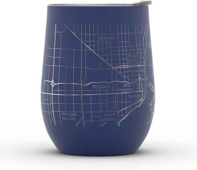 Well Told Engraved Miami Florida Map Insulated Wine Tumbler, Etched Stainless Steel Cup (12 oz, Midnight Blue) City Map Insulated Tumbler, Custom Insulated Tumbler, Outdoor Drinkware