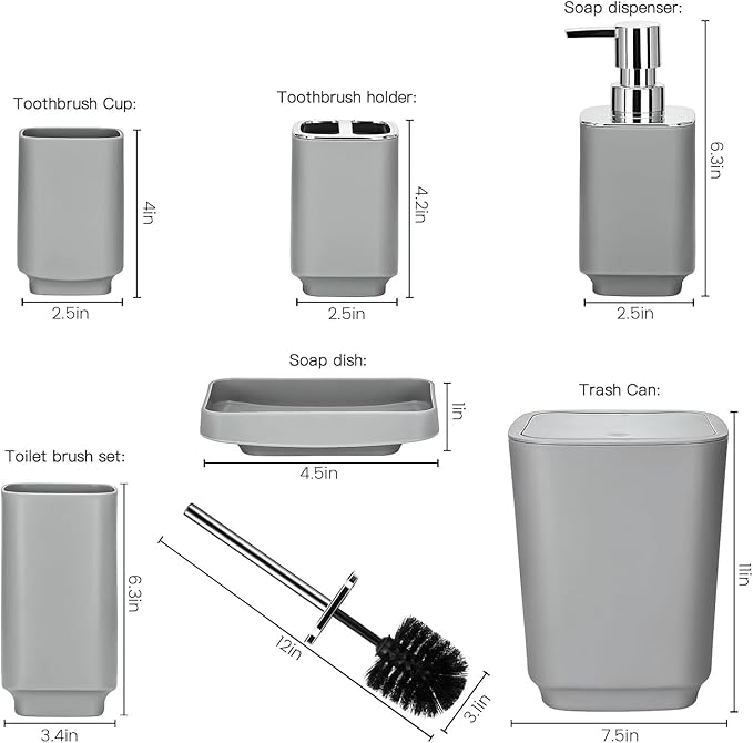 Bathroom Accessory Set 6 Piece Bathroom Accessories Set with Toothbrush Holder&Cup,Soap Dispenser& Dish,Toilet Brush Holder,Trash Can Plastic Gift Set for Bathroom Decorative Countertop（Gray