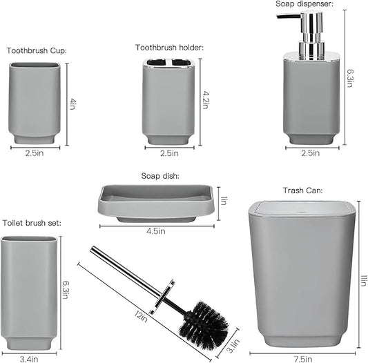 Bathroom Accessory Set 6 Piece Bathroom Accessories Set with Toothbrush Holder&Cup,Soap Dispenser& Dish,Toilet Brush Holder,Trash Can Plastic Gift Set for Bathroom Decorative Countertop（Gray