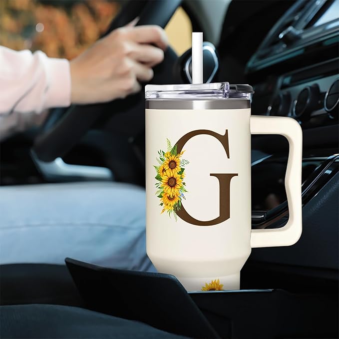 Personalized Birthday Gifts For Women - Sunflowers Monogrammed Cup For Boss Day, Christmas - Customized Gifts For Women, Mom, Wife, Coworkers, Boss Lady, Her - Custom Tumbler With Handle 40oz