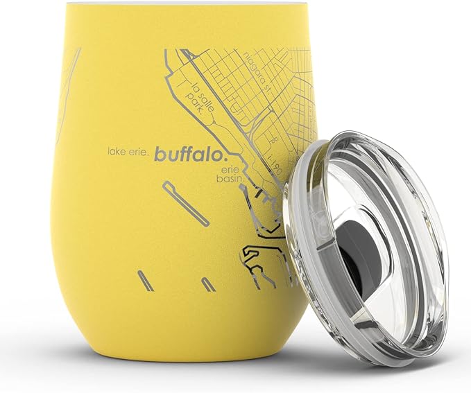 Well Told Engraved Buffalo New York Map Insulated Wine Tumbler, Etched Stainless Steel Cup (12 oz, Sunrise Yellow) City Map Insulated Tumbler, Custom Insulated Tumbler, Outdoor Drinkware