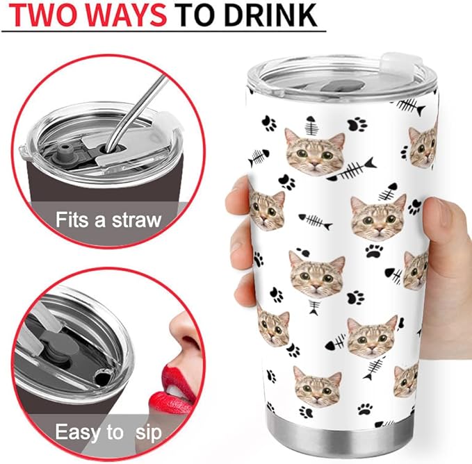 FunStudio Personalized Cat Face Tumbler with Pictures Kitty Pet Paw Custom Tumblers Coffee Travel Mug Cup Gift for Men Women, 20 Oz Insulated Stainless Steel