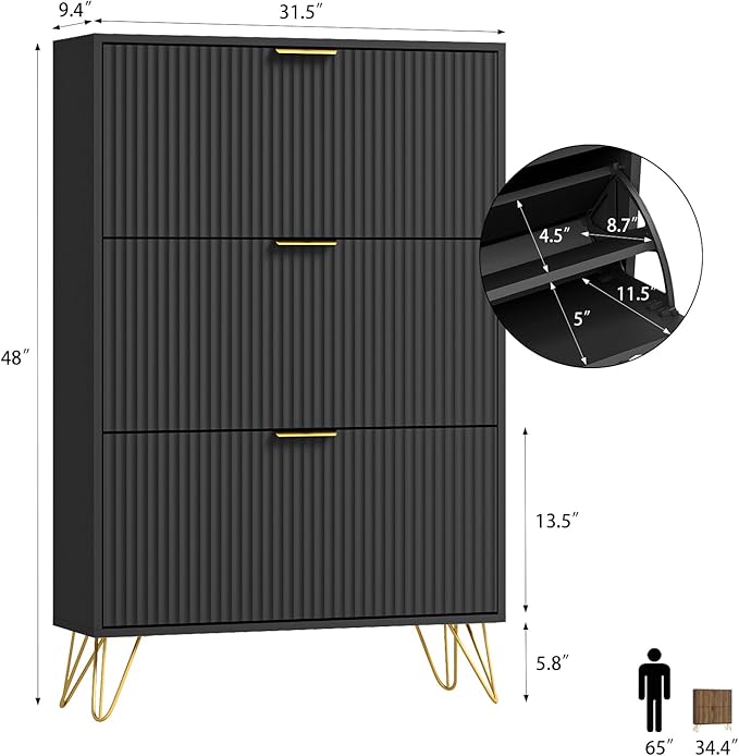 Shoe Storage Cabinet with 3 Flip Drawers, 31.5" W Fluted Shoe Cabinet for Entryway, Hidden Shoe Cabinet Storage, Narrow Free Standing Shoe Orgnaizer Rack Cabinet for Foyer Hallway, Black