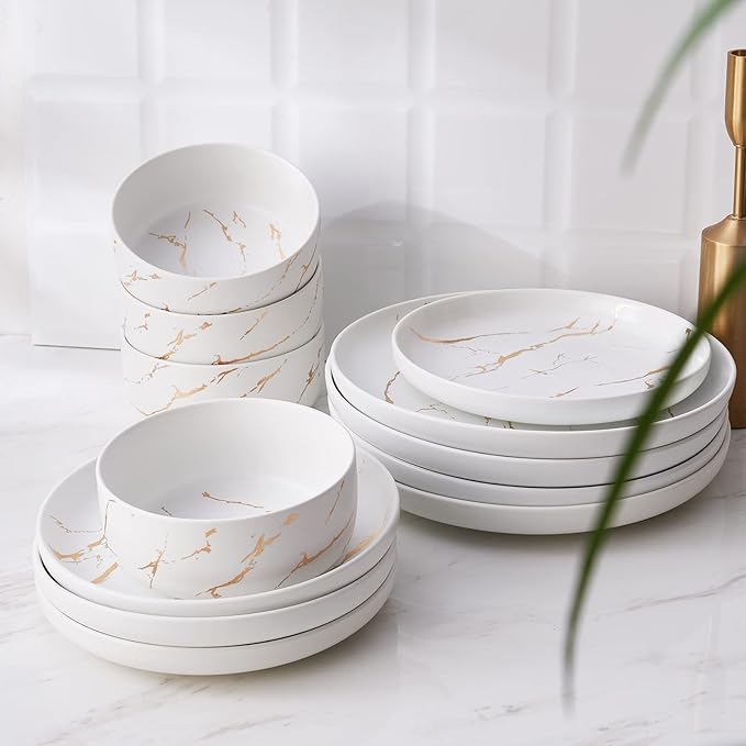 White Gold Splash Dinnerware Sets, 12 Pieces Fine China Marble Plates and Bowls Sets, Modern Porcelain Dish Set for 4, Luxury Dinner Set for Formal Dinners and Weddings