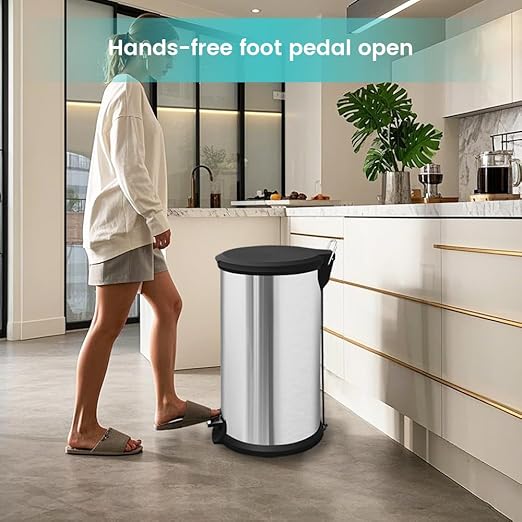 10 Gallon Trash Can with Lid, Tall Round Stainless Steel Kitchen Garbage Can with Plastic Lid, Liner Free Step-on Pedal Hand Free Trash Can, 40 Liter Capacity, Silver