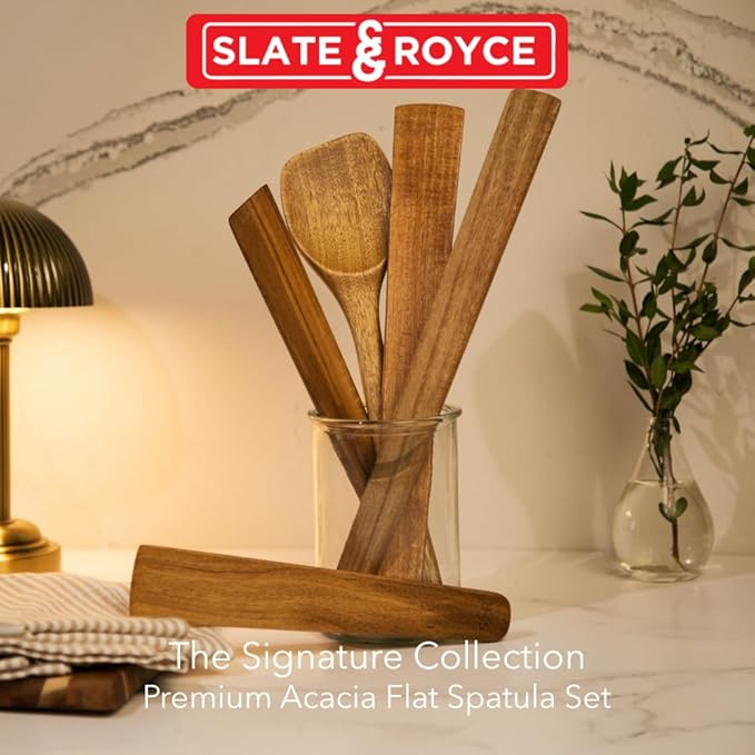 SLATE & ROYCE 5-Piece Acacia Wood Utencil Set, Non-Toxic Wooden Kitchen Tools with Tapered Edges, Heat-Resistant, For Non-Stick Frying Pan, Cast Iron Skillet, Flat Spatulas, Scraper & Spoon Set