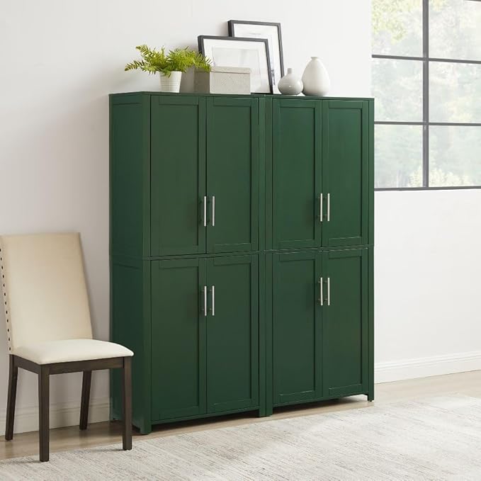 Crosley Furniture Savannah 2-Piece Pantry Storage Cabinet Set with Shelves, Kitchen, Dining, or Laundry Room, Hunter Green