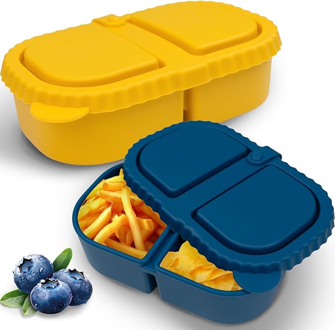 Portable 8.5oz Silicone Snack Boxes with Lids (2 Pack) - Double Compartment Reusable Containers for Snacks, Sauce, Dip | School, Office & Picnic Use (Multi-Color)