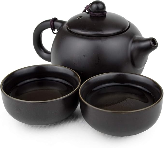 Teapot Chinese Ceramic White Cyan Black Portable Travel Packaging Xishi Pot Cups set (Black 1pot 2cups set)