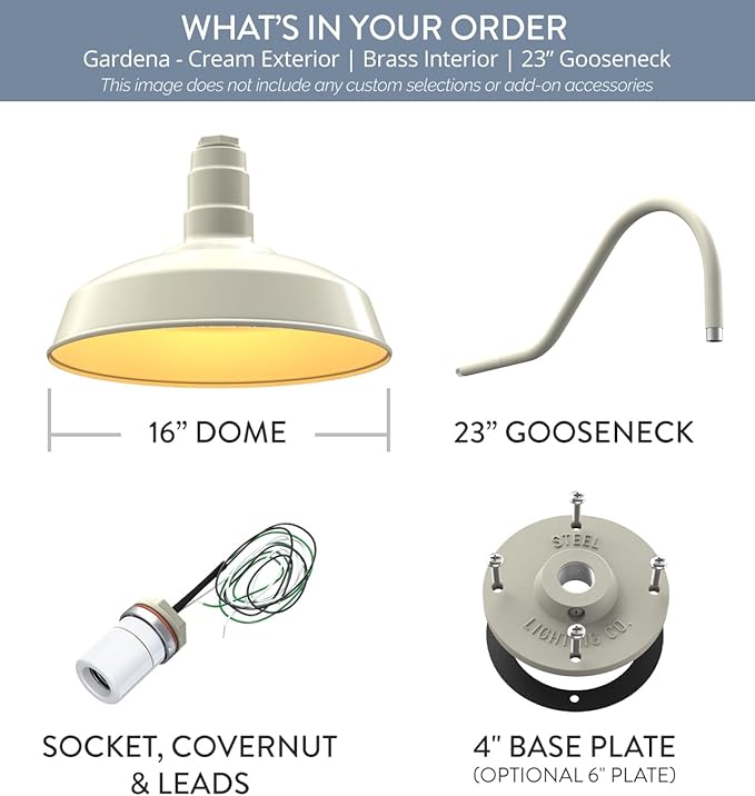 Steel Lighting Co. | Dusk to Dawn | Gardena Barn Light | Outdoor Wall Mounted | 16" Dome | 23" Gooseneck | Farmhouse Light Made in America | Cream/Brass