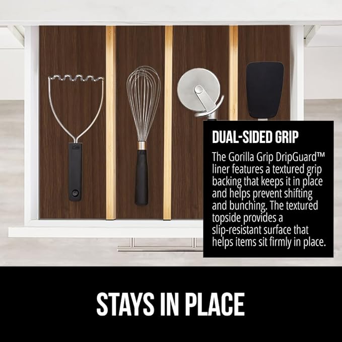 GORILLA GRIP DripGuard Shelf Liner, Non Adhesive Drawer and Kitchen Cabinet Protector, Slip Resistant BPA Free Smooth Surface Plastic Liners for Cabinets, Bathrooms, Closets, 12x120 Inch, Wood
