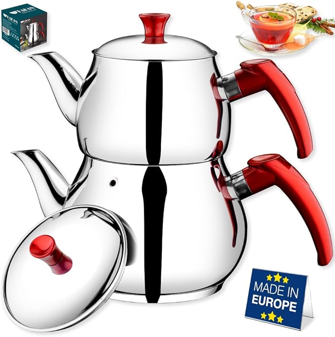 Hakan Stainless Steel 3.2 L, 107 Oz, Maxi Double Bondy Tea Pot Set with Self Strainer Double Lids, Turkish Samovar Style Teapot Set, Tea Kettle for Loose Leaf Tea with Red Bakelite Handle 3.3-Quart