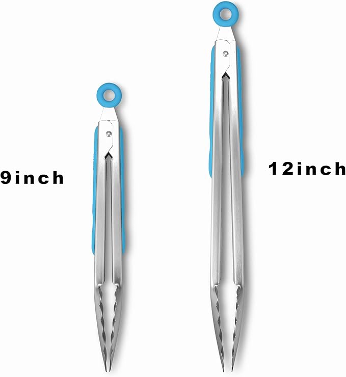 304 Stainless Steel Kitchen Cooking Tongs, 9" and 12" Set of 2 Sturdy Grilling Barbeque Brushed Locking Food Tongs with Ergonomic Grip, Blue