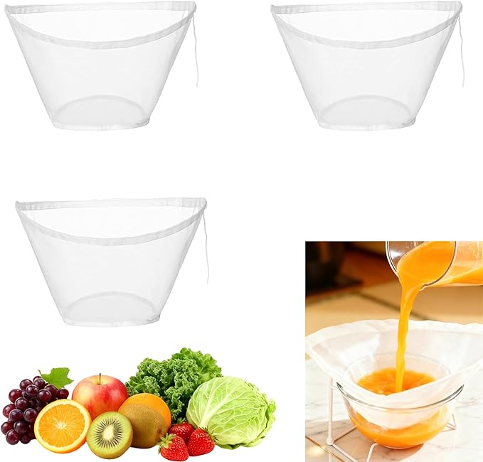 Cheese Cloth Filling Squeeze Nylon Bags, Bowl-shaped reusable nylon cheese cloth filter bag, Ultra Fine Mesh Strainer Bags, suitable for nut milk, juice, soy milk, dumpling fillings (3PCS)