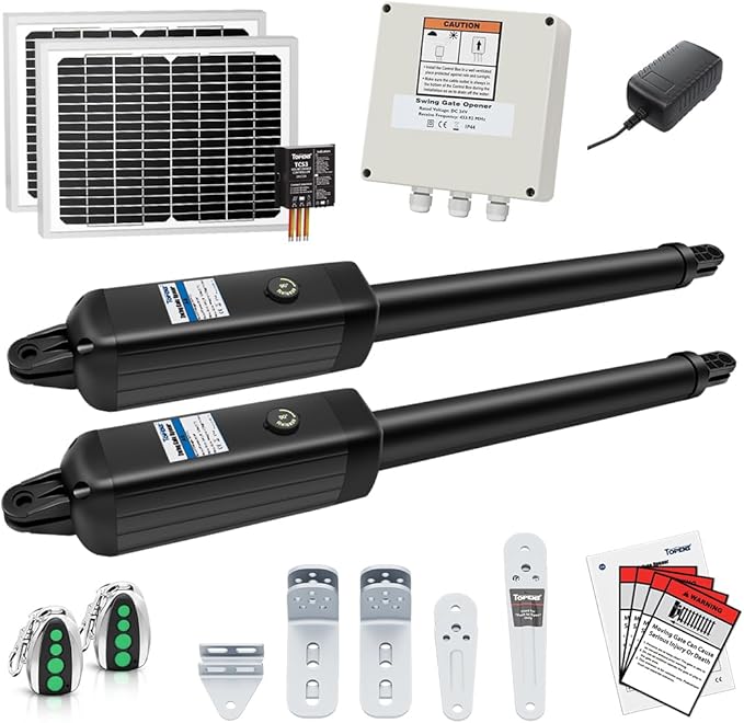 TOPENS AD8S Automatic Solar Gate Opener for Heavy Duty Dual Swing Gates Up to 18ft per Arm, Dual Swing Gate Operator Battery Powered with Remote Control Kit Gate Motor Solar Panel Included