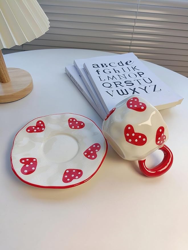 Coffee Mug Set with Saucer Cute Red Hearts Cup Gifts for Women for Birthday Tea Coffee Mug Saucer 250 ML Ceramic Cup Birthday Gift for Women Girls Mom Friend Coffee Mug aucer Set