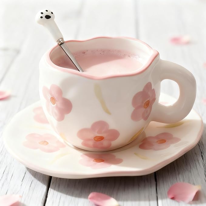 Coffee Mugs Set with Saucer Cute Flowers Cup Gifts for Women Birthday Tea Coffee Mug with Coaster 250 ML Ceramic Cup Birthday Gift for Women Girls Mom Friend Coffee Mug aucer Set