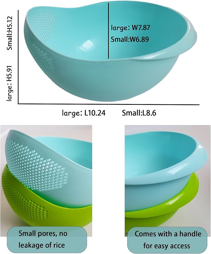 2-in-1 Rice Colander, Vegetable and Fruit Cleaning Filter Basket, 2Piece Sturdy and Easy-To-Use Food Grade Kitchen Tool Accessories (green, large+small)