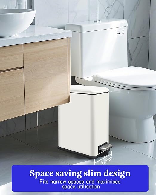 Bathroom Trash Can, 10L/2.6 Gallon Trash Can with Lid, Stainless Steel Garbage Can with Removable Liner Bucket, Soft Close Lid, Rectangle Trash Bin for Office, Kitchen, Bedroom, White