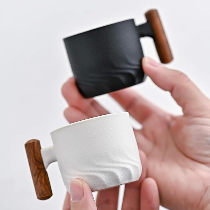 Espresso Cups Set of 2, Small Tea Cups, 2.1oz Ceramic Espresso Cups with Wooden Handle