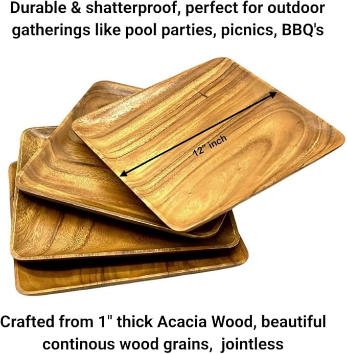 Wooden Plates Set of 4 – 12” Square Acacia Wood Dinner Plates & Wooden Charger Plates, Large Wood Chargers for Charcuterie, Steak, Entertaining & Holiday Table Settings