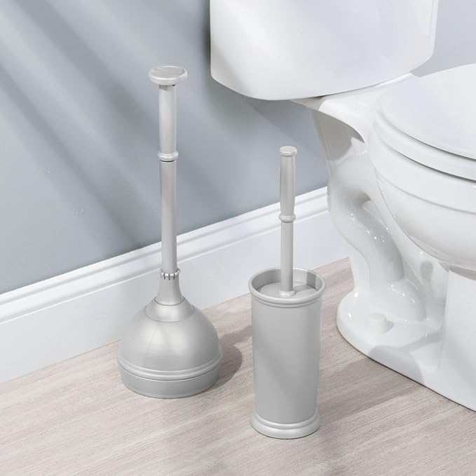 mDesign Plastic Modern Compact Toilet Plunger and Toilet Bowl Brush for Bathroom Storage Organization - Sturdy, Heavy Duty, Deep Cleaning Accessories - Hyde Collection - Set of 2 - Silver
