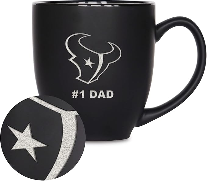Rico Industries NFL Football #1 Dad 15oz Laser Engraved Matte Black Ceramic Bistro Mug - for Hot or Cold Drinks