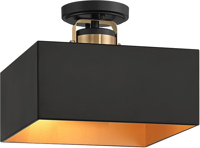 Possini Euro Design Artemis 12" Modern Semi Flush-Mount Ceiling Light Fixture Kitchen Foyer Hallway 2-Light Black Gold Finish Metal Bedroom Bathroom Entryway Living Room Indoor Office Mini
