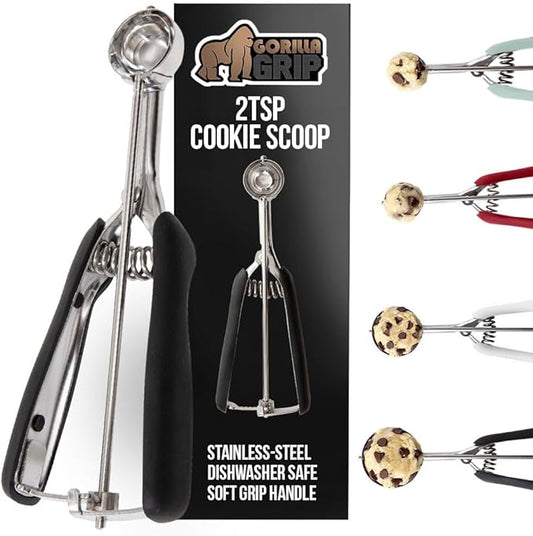 GORILLA GRIP BPA-Free Stainless Steel Cookie Scoop, 2 TSP Scooper #100, Soft Grip Handle, Easy Food Release, Create Even Portion Sizes, Multipurpose Kitchen Melon Baller, Meatball Spring Scoops, Black