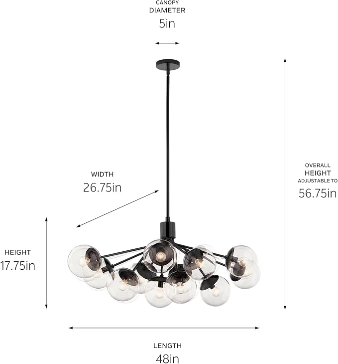 KICHLER Silvarious 12-Light Linear Convertible Chandelier, Soft Modern Light with Clear Glass in Black, for Dining Room or Living Room (17.75" x 26.75" x 48"), 52703BKCLR
