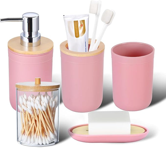 iMucci Bathroom Accessories Set 5Piece Pink Bathroom Sets, Toothbrush Holder, Toothbrush Cup, Lotion Soap Dispenser, Soap Dish and Qtip Holder Bathroom Decor