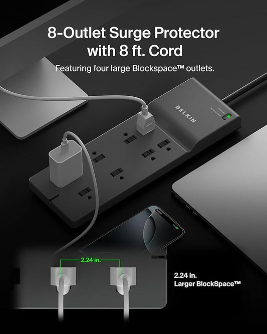 Belkin 8-Outlet Surge Protector w/ 8 AC Outlets & 8ft Long Flat Plug, UL-listed Heavy-Duty Extension Cord for Home, Office, Travel, Computer Desktop, Laptop, Phone Charger - 2,500 Joules of Protection