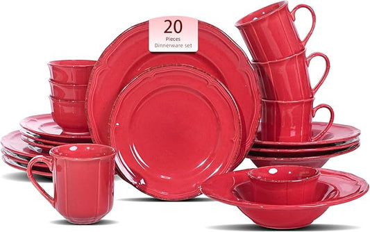 20pc Dinnerware Set, Plate and Bowl Set, Stoneware Dishes Set for 4, Microwave and Dishwahser Safe, Scratch Resistant, French Countryside Speckled Antique Red