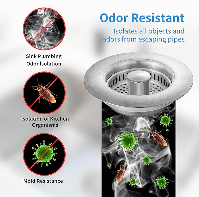 Upgraded 3 in 1 Kitchen Sink Drain Strainer - Stainless Steel Sink Stopper, Anti-Clogging Sink Food Catcher Basket, Fast Drainage Odor Filter Sink Plug for US Standard 3 1/2 inch Drain (Silver-2Pack)