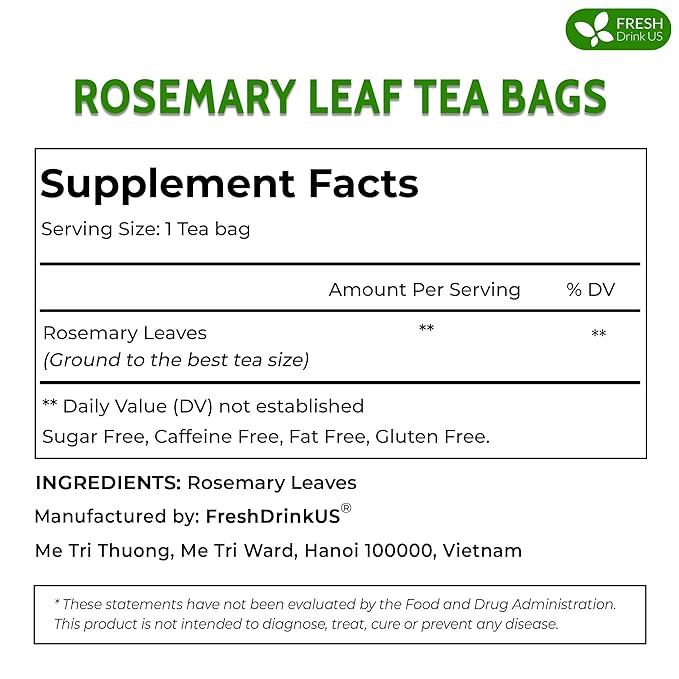 FreshDrinkUS, Premium 135 Rosemary Leaf Tea Bags, 100% Natural and Pure Rosemary Dried Leaves, Pure Herbal Tea, No Additives, No Caffeine, No Gluten, Vegan. (135 Tea Bags)