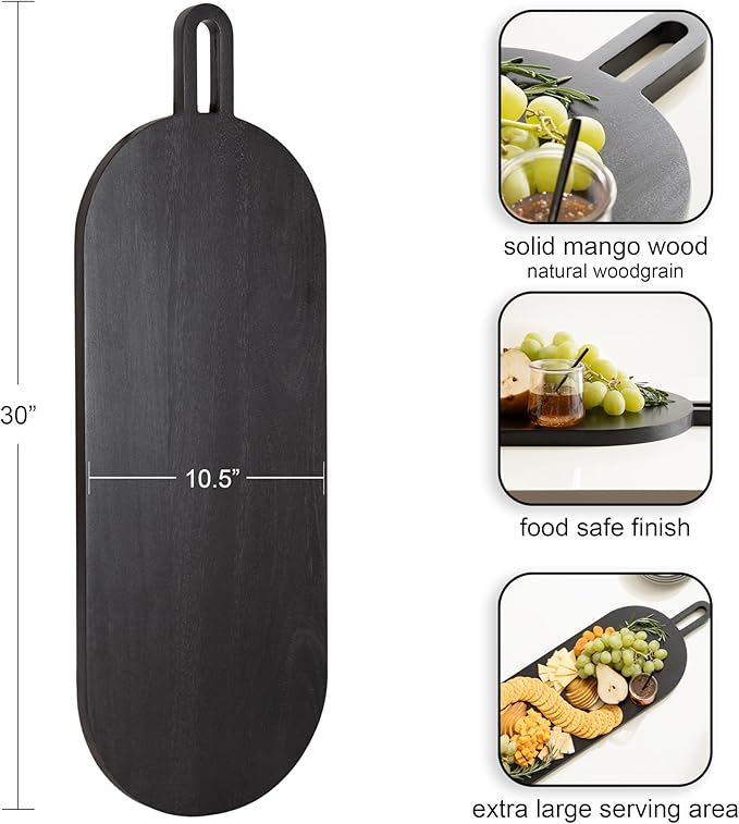 Kate and Laurel Staven Transitional Capsule Serving Board; 30 x 11; Black; Modern Food-Safe Charcuterie Board Made from Solid Mango Wood for Use as Kitchen Countertop Cheese Board
