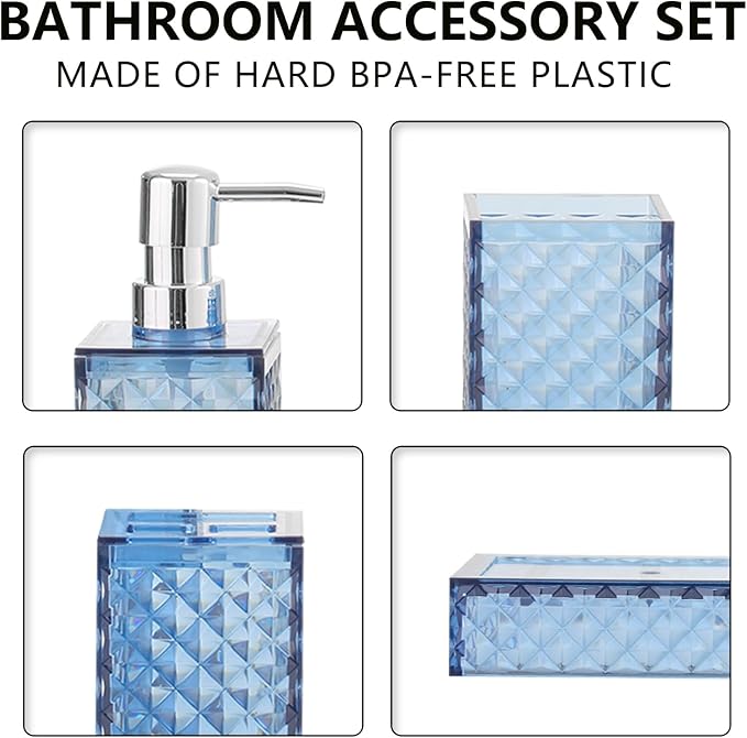 Bathroom Accessories Set 4-Piece Plastic Gift Set with Toothbrush Holder, Toothbrush Cup, Soap Dispenser, Soap Dish(Dark Blue)