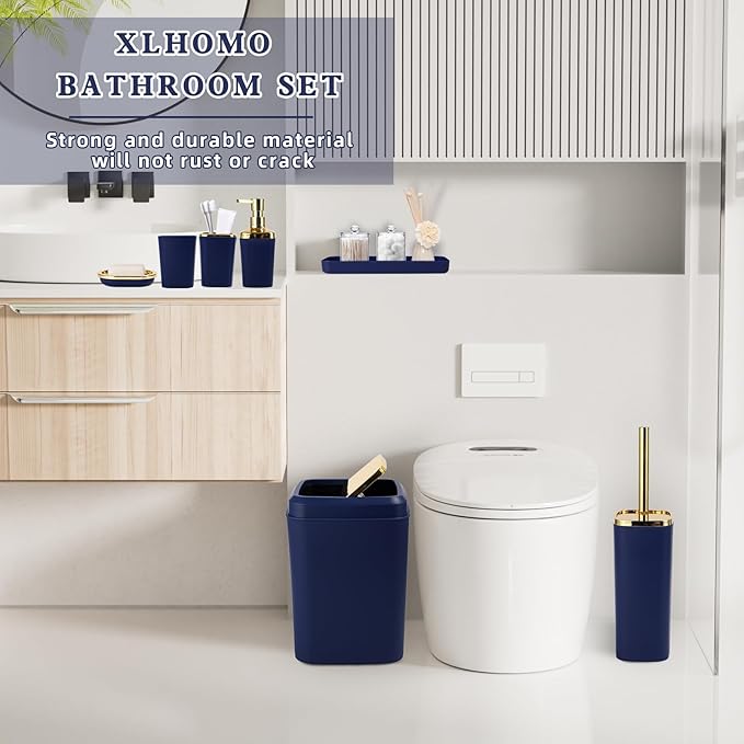 Navy Blue Bathroom Accessories, 24 Pieces Blue and Gold Bathroom Accessories Set with Shower Curtain, Bath Towels, Trash Can, Soap Dispenser and Soap Dish for Bathroom/Housewarming