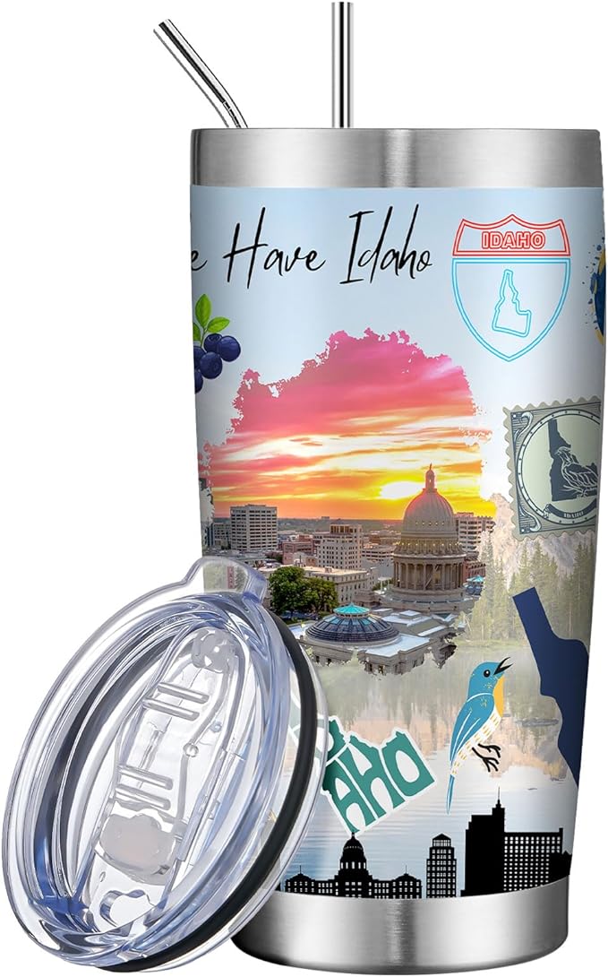 20oz Insulated Tumbler Idaho State Coffee Mug, United States Map Travel Mug Landmark, Birthday Gifts Cute Custom Tumbler Cups with Lid and Straw Mothers Day Gifts