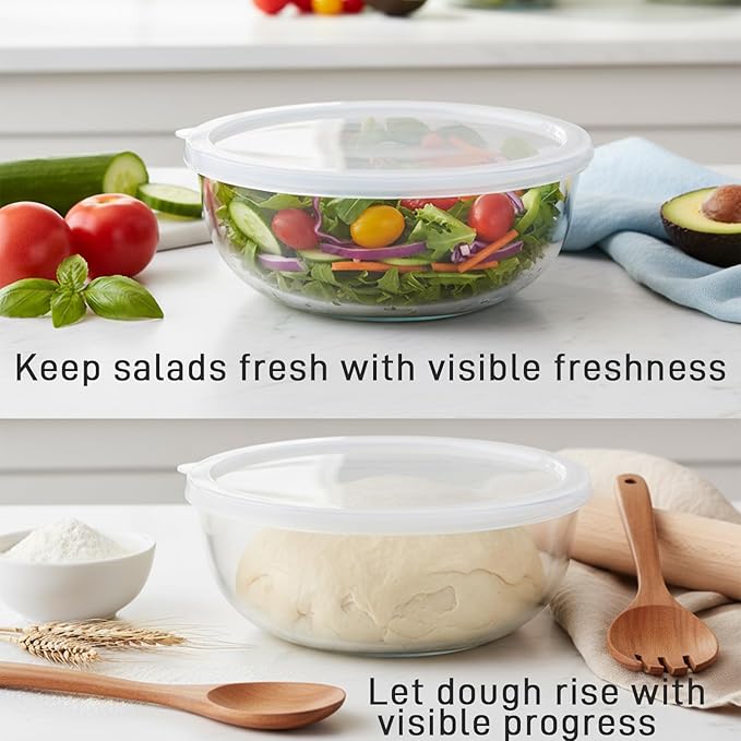 6.2Quart Large Glass Bowl for Sourdough Bread Making with Lid,Thickened 12Inch Clear Glass Salad Cooking Bowls for Kitchen Salad Bread Storage, For Prepping, Marinating & Brining Kimch